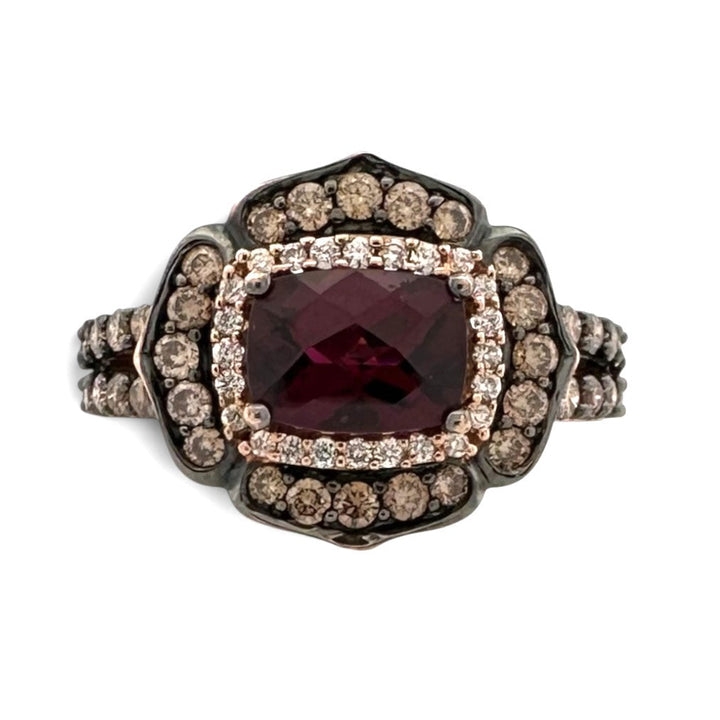 Raspberry Rhodolite Cushion Garnet with Chocolate & Nude Diamond Halos Cocktail Ring in 14k Rose Gold by Le Vian