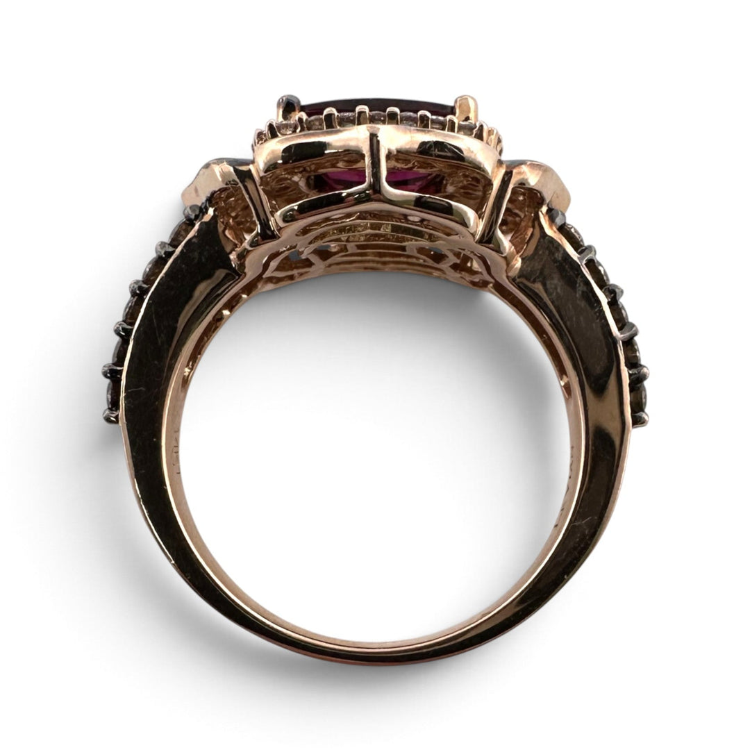 Raspberry Rhodolite Cushion Garnet with Chocolate & Nude Diamond Halos Cocktail Ring in 14k Rose Gold by Le Vian