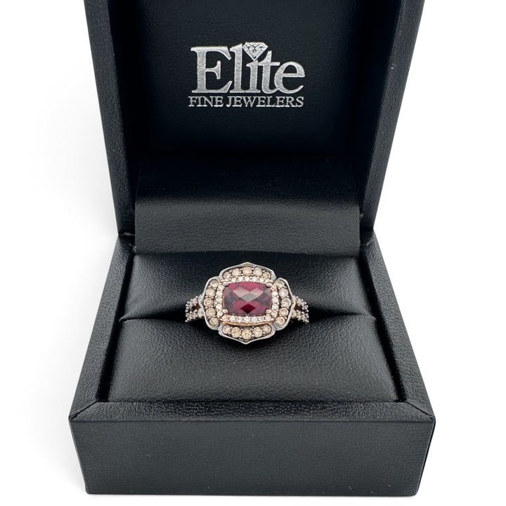 Raspberry Rhodolite Cushion Garnet with Chocolate & Nude Diamond Halos Cocktail Ring in 14k Rose Gold by Le Vian