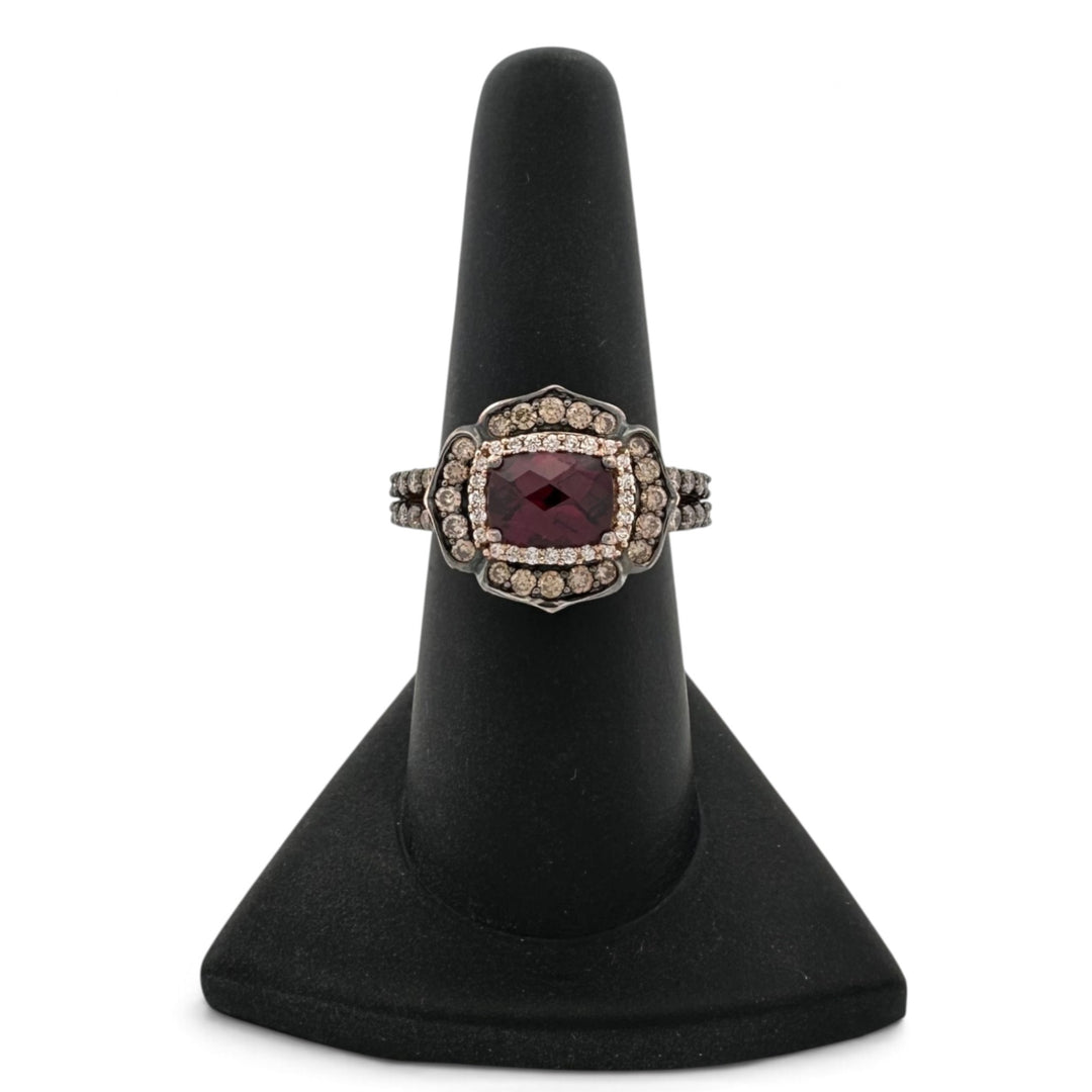 Raspberry Rhodolite Cushion Garnet with Chocolate & Nude Diamond Halos Cocktail Ring in 14k Rose Gold by Le Vian