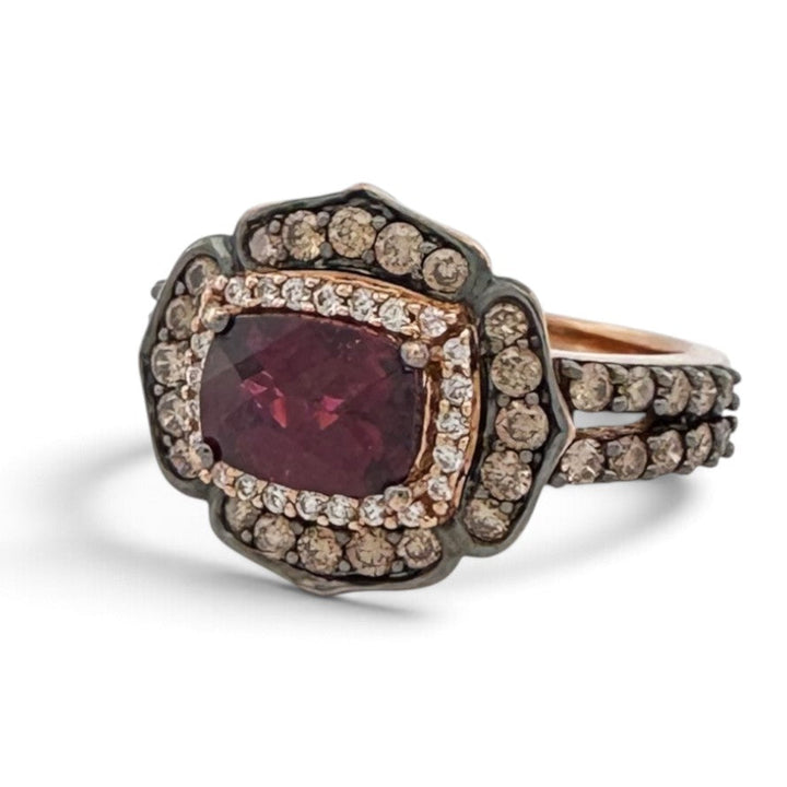 Raspberry Rhodolite Cushion Garnet with Chocolate & Nude Diamond Halos Cocktail Ring in 14k Rose Gold by Le Vian