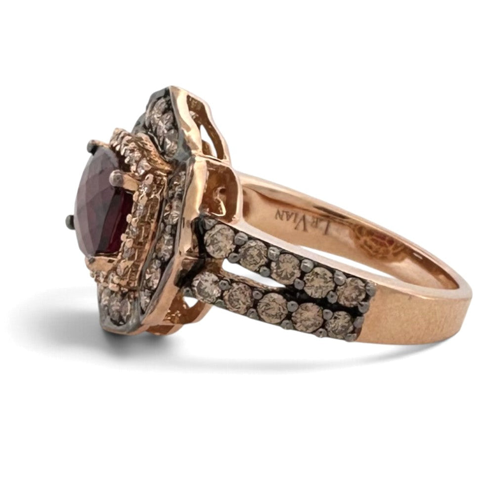 Raspberry Rhodolite Cushion Garnet with Chocolate & Nude Diamond Halos Cocktail Ring in 14k Rose Gold by Le Vian