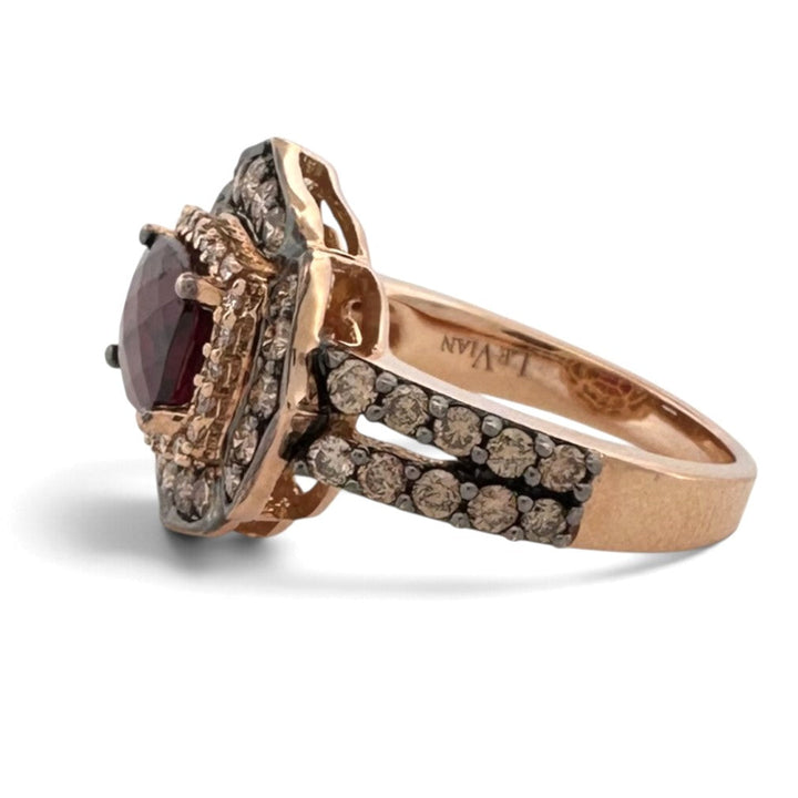 Raspberry Rhodolite Cushion Garnet with Chocolate & Nude Diamond Halos Cocktail Ring in 14k Rose Gold by Le Vian
