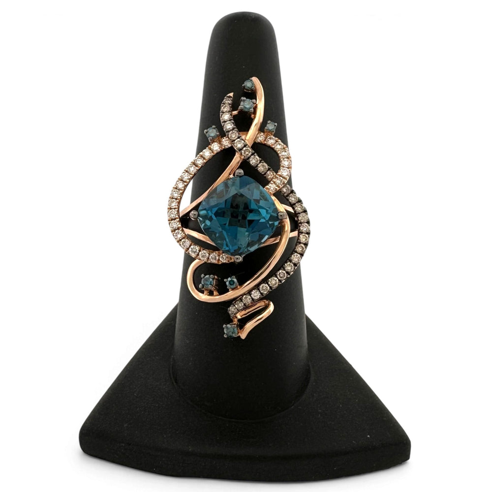 Deep Sea Blue Cushion Topaz with Chocolate, Vanilla & Blue Diamond Swirl Cocktail Ring in 14k Rose Gold by Le Vian