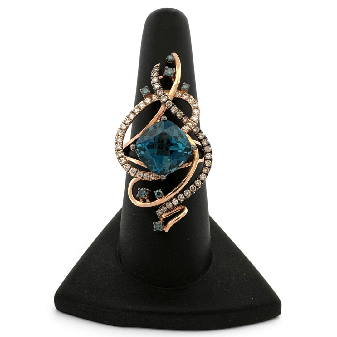 Deep Sea Blue Cushion Topaz with Chocolate, Vanilla & Blue Diamond Swirl Cocktail Ring in 14k Rose Gold by Le Vian