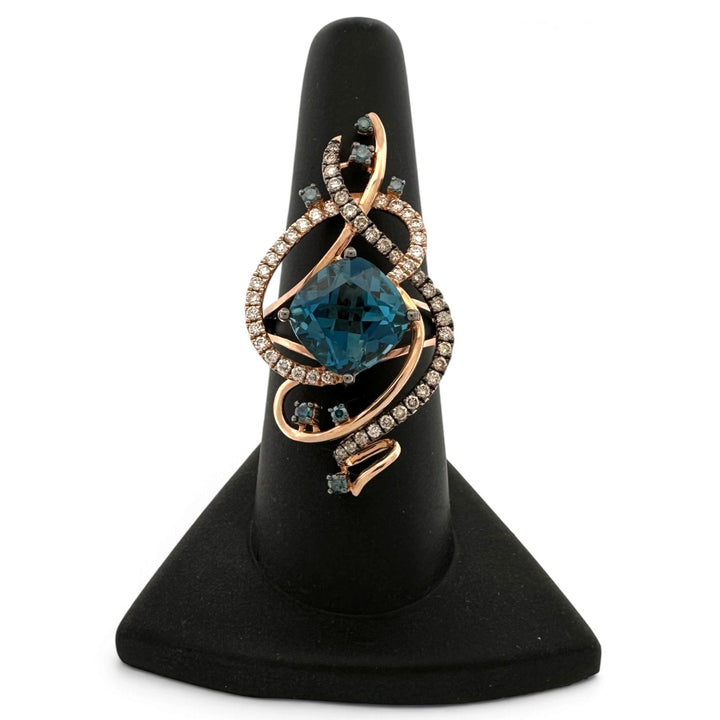 Deep Sea Blue Cushion Topaz with Chocolate, Vanilla & Blue Diamond Swirl Cocktail Ring in 14k Rose Gold by Le Vian