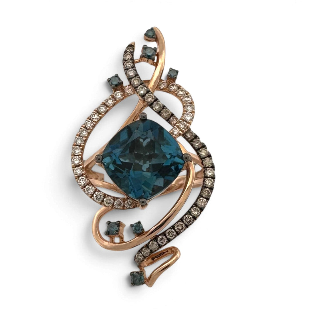 Deep Sea Blue Cushion Topaz with Chocolate, Vanilla & Blue Diamond Swirl Cocktail Ring in 14k Rose Gold by Le Vian