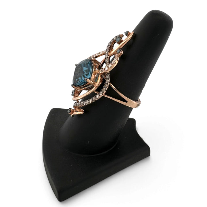 Deep Sea Blue Cushion Topaz with Chocolate, Vanilla & Blue Diamond Swirl Cocktail Ring in 14k Rose Gold by Le Vian