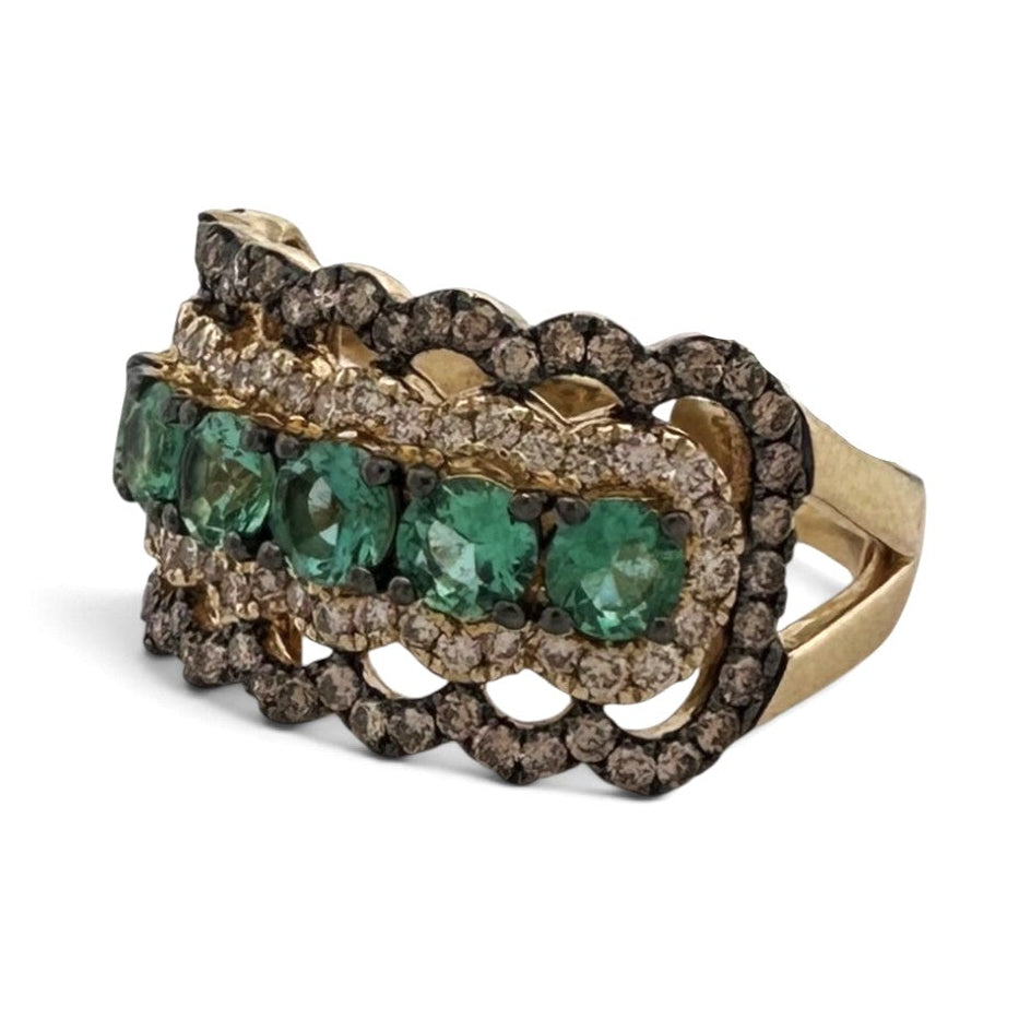 Costa Smeralda Emeralds with Chocolate & Nude Diamonds Scalloped Cocktail Ring in 14k Yellow Gold by Le Vian