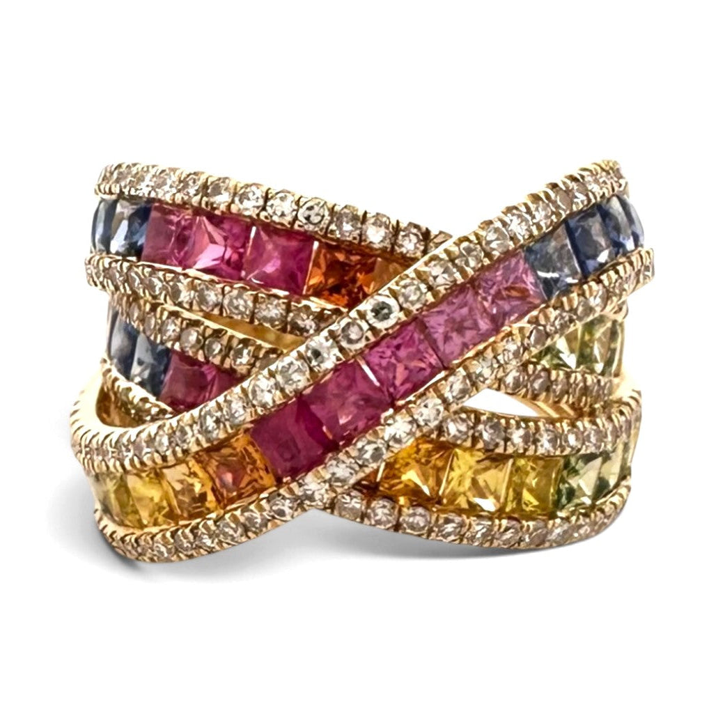 Watercolors Rainbow Sapphire and Diamond Crossover Cocktail Ring in 14k Yellow Gold by Effy