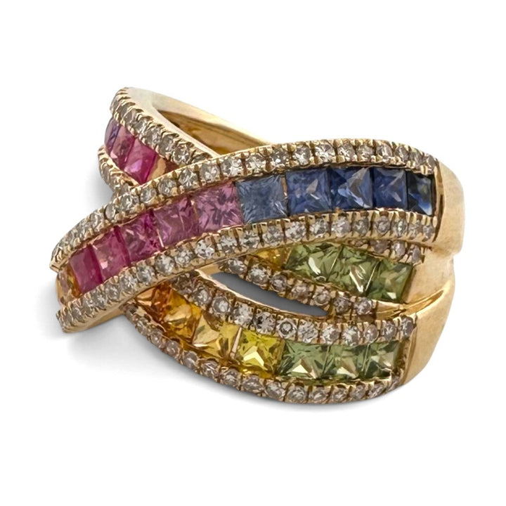 Watercolors Rainbow Sapphire and Diamond Crossover Cocktail Ring in 14k Yellow Gold by Effy