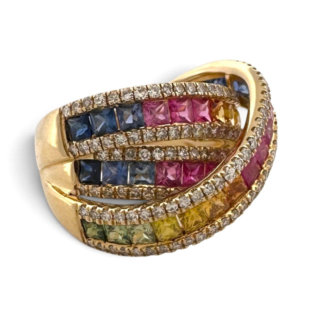 Watercolors Rainbow Sapphire and Diamond Crossover Cocktail Ring in 14k Yellow Gold by Effy