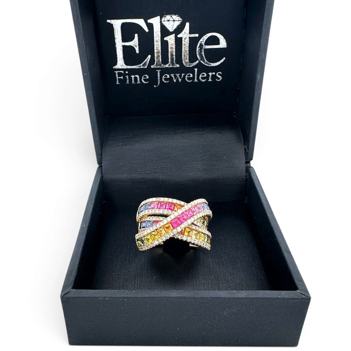 Watercolors Rainbow Sapphire and Diamond Crossover Cocktail Ring in 14k Yellow Gold by Effy