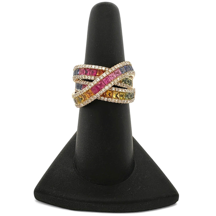 Watercolors Rainbow Sapphire and Diamond Crossover Cocktail Ring in 14k Yellow Gold by Effy