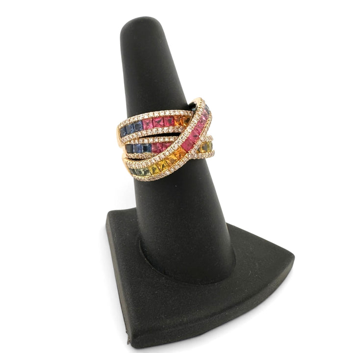 Watercolors Rainbow Sapphire and Diamond Crossover Cocktail Ring in 14k Yellow Gold by Effy
