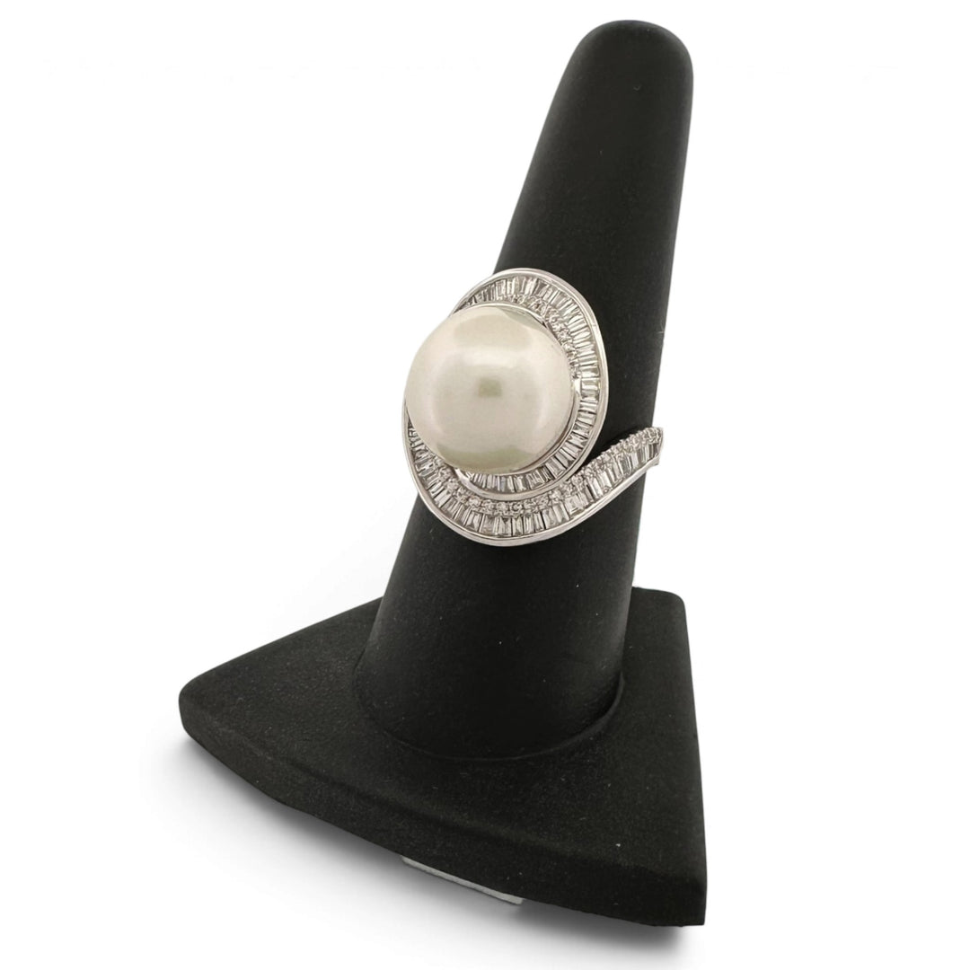 Cultured Freshwater Pearl & Natural Diamond Halo Swirl Cocktail Ring in 14k White Gold by Effy