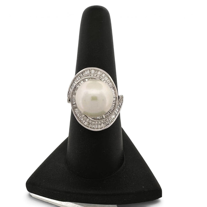 Cultured Freshwater Pearl & Natural Diamond Halo Swirl Cocktail Ring in 14k White Gold by Effy