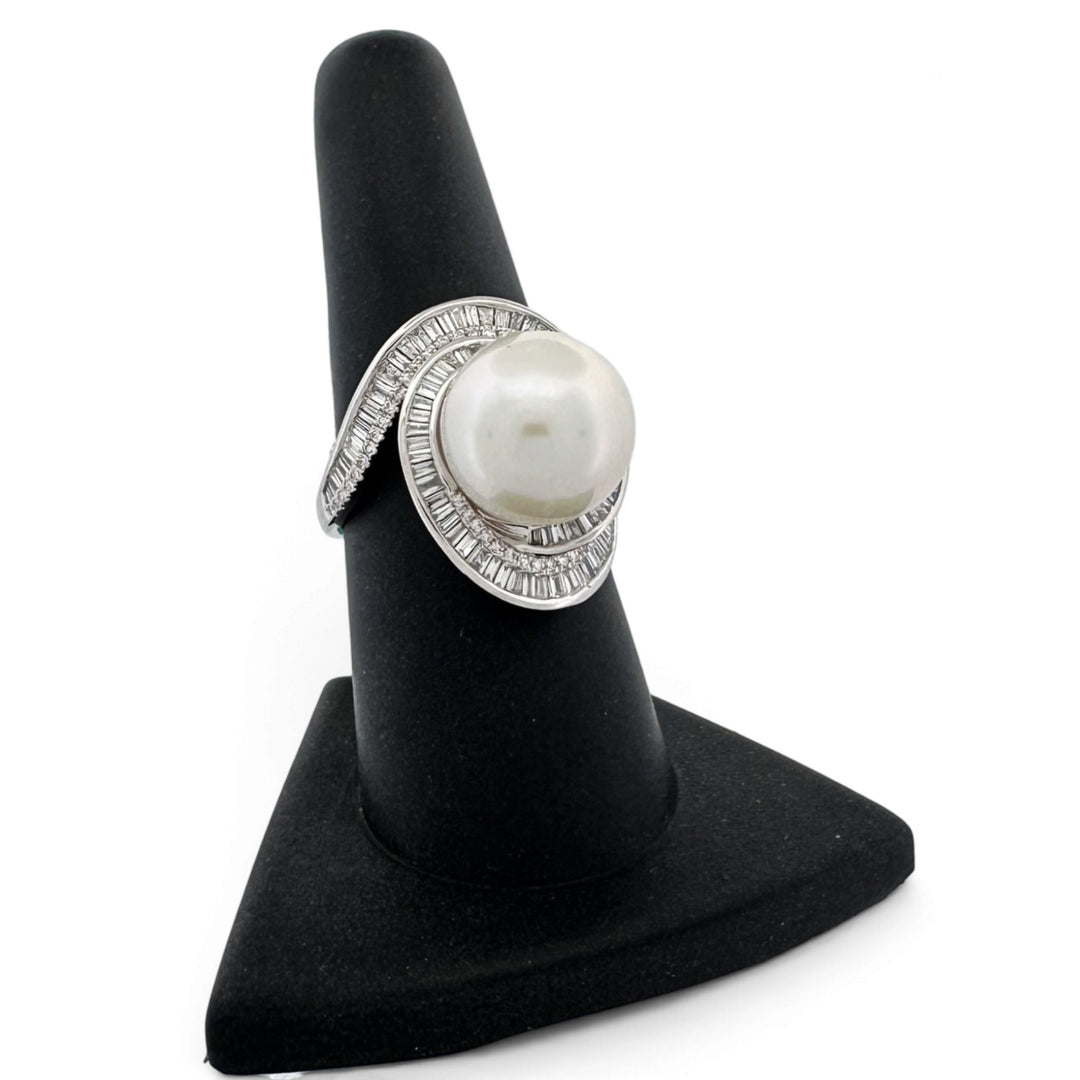 Cultured Freshwater Pearl & Natural Diamond Halo Swirl Cocktail Ring in 14k White Gold by Effy
