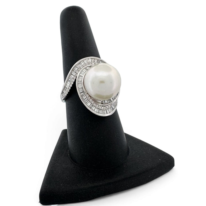 Cultured Freshwater Pearl & Natural Diamond Halo Swirl Cocktail Ring in 14k White Gold by Effy