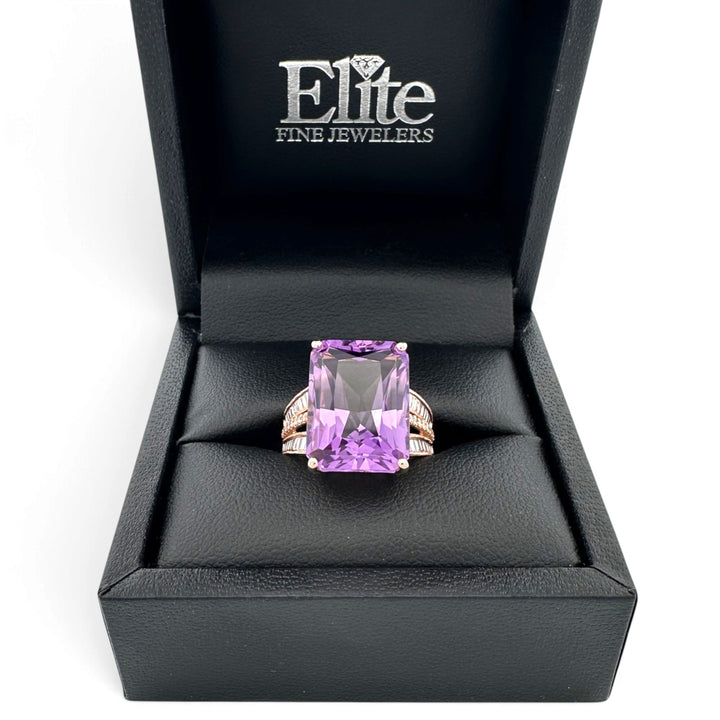 Radiant Cut Amethyst with Round & Baguette Natural Diamond Cocktail Ring in 14k Rose Gold by Effy