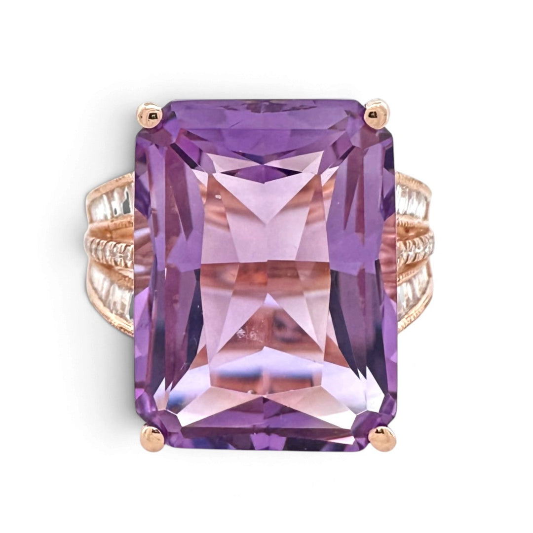 Radiant Cut Amethyst with Round & Baguette Natural Diamond Cocktail Ring in 14k Rose Gold by Effy