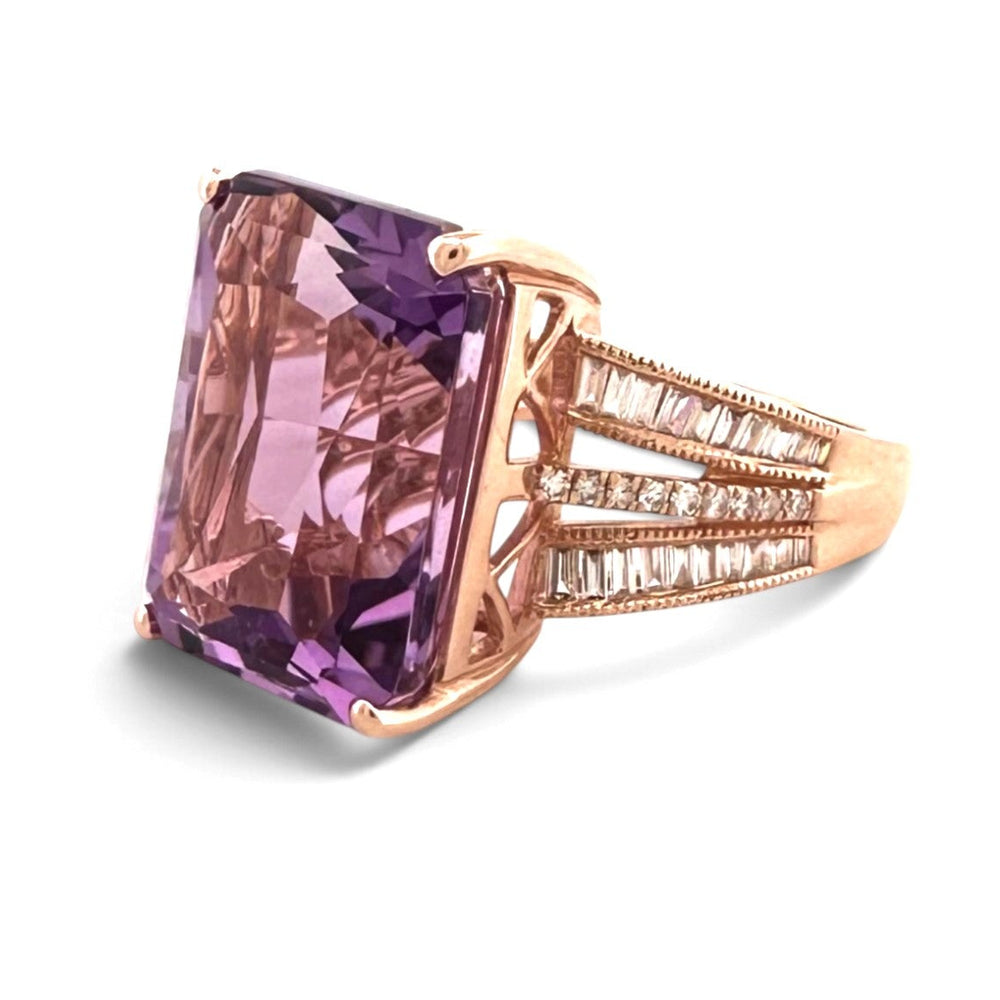 Radiant Cut Amethyst with Round & Baguette Natural Diamond Cocktail Ring in 14k Rose Gold by Effy