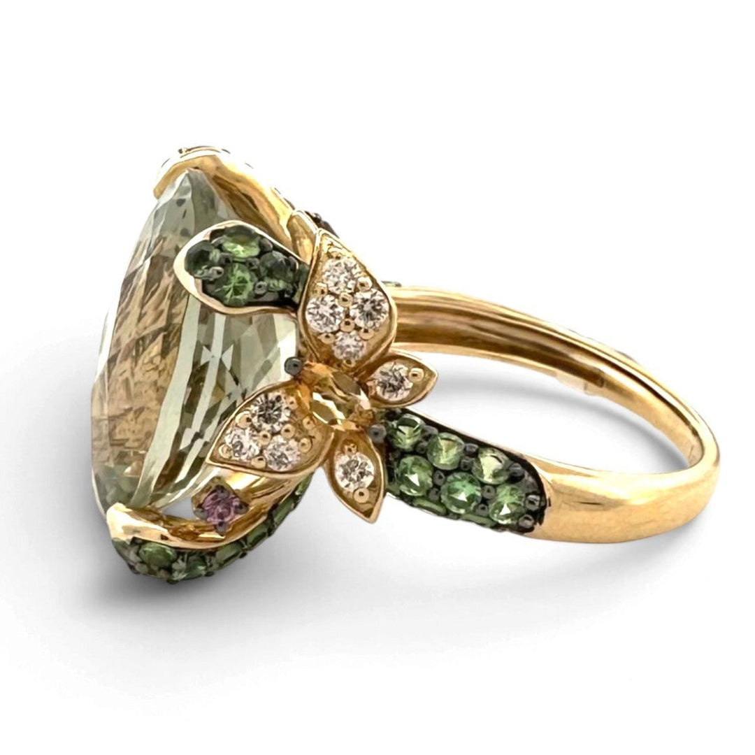 Mint Julip Quartz with Cinnamon Citrines, Forest Green Tsavorites, Bubble Gum Pink Sapphires & Nude Diamonds Cocktail Ring in 14k Yellow Gold by Le Vian