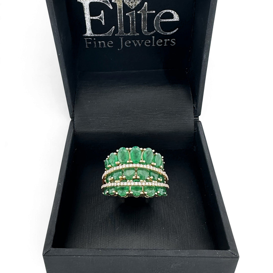 Oval Emerald and Natural Diamond Three-Row Cocktail Ring in 14k Yellow Gold by Effy