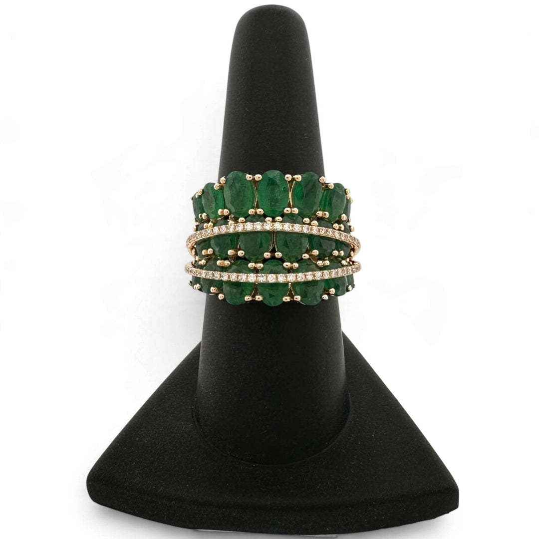 Oval Emerald and Natural Diamond Three-Row Cocktail Ring in 14k Yellow Gold by Effy