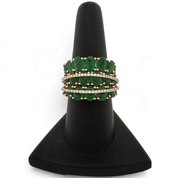 Oval Emerald and Natural Diamond Three-Row Cocktail Ring in 14k Yellow Gold by Effy