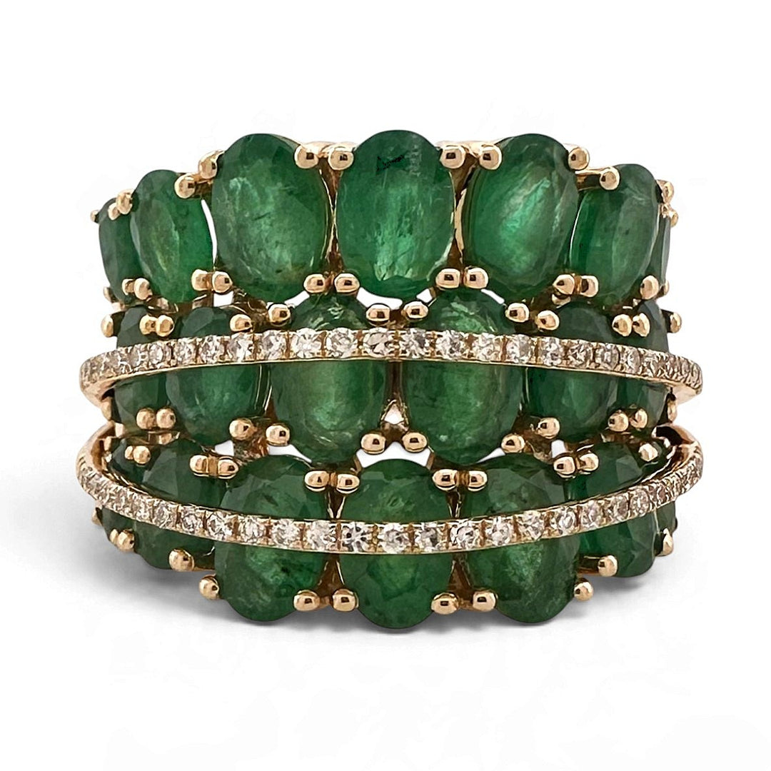 Oval Emerald and Natural Diamond Three-Row Cocktail Ring in 14k Yellow Gold by Effy