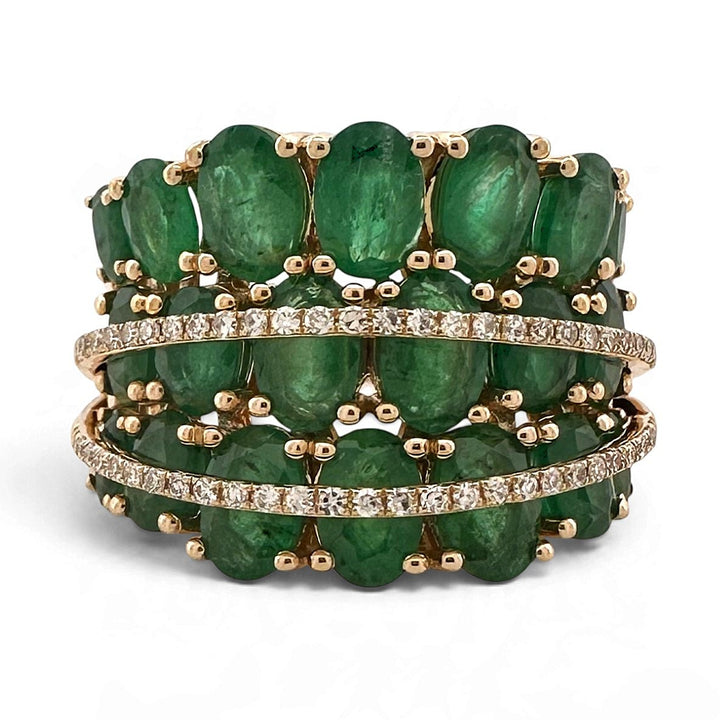Oval Emerald and Natural Diamond Three-Row Cocktail Ring in 14k Yellow Gold by Effy