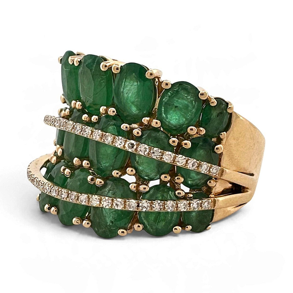 Oval Emerald and Natural Diamond Three-Row Cocktail Ring in 14k Yellow Gold by Effy