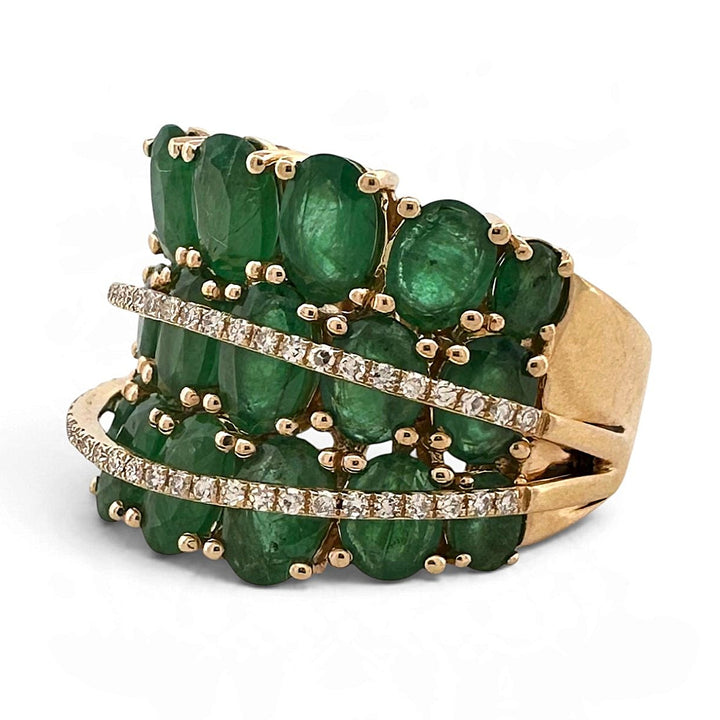 Oval Emerald and Natural Diamond Three-Row Cocktail Ring in 14k Yellow Gold by Effy