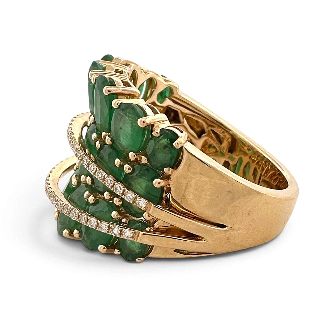 Oval Emerald and Natural Diamond Three-Row Cocktail Ring in 14k Yellow Gold by Effy