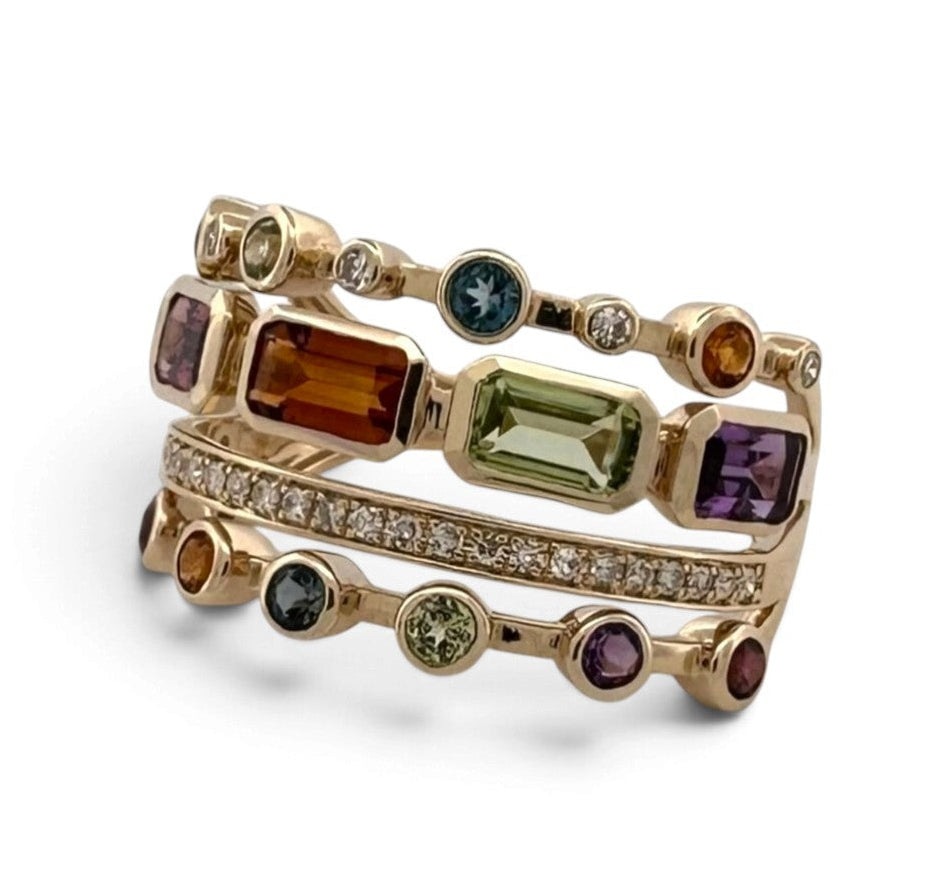 Bezel-Set Multi-Gemstone & Natural Diamond 4-Row Cocktail Ring in 14k Yellow Gold by Effy