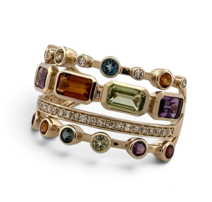 Bezel-Set Multi-Gemstone & Natural Diamond 4-Row Cocktail Ring in 14k Yellow Gold by Effy