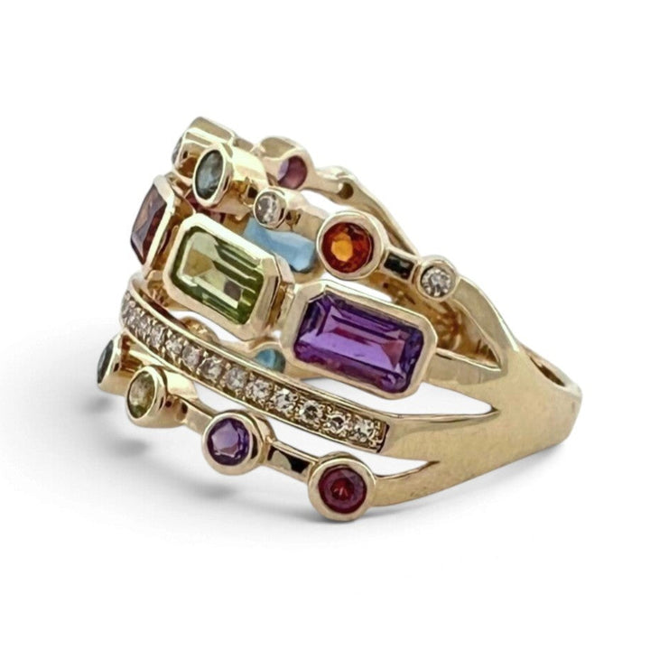 Bezel-Set Multi-Gemstone & Natural Diamond 4-Row Cocktail Ring in 14k Yellow Gold by Effy