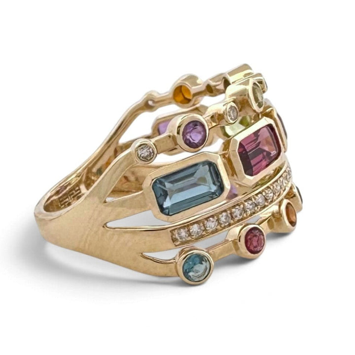 Bezel-Set Multi-Gemstone & Natural Diamond 4-Row Cocktail Ring in 14k Yellow Gold by Effy