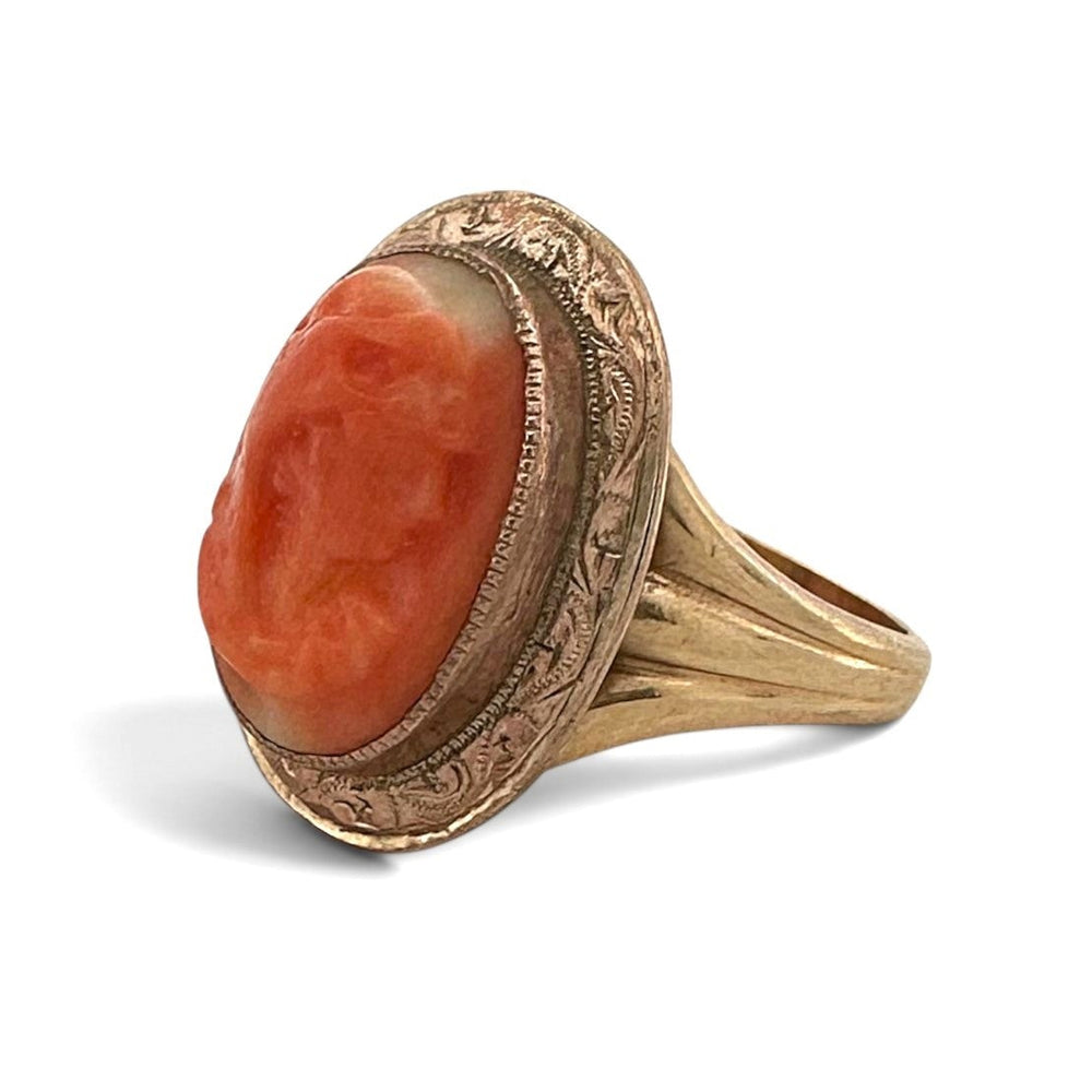 Vintage Carved Coral Cameo Ring in 14k Yellow Gold