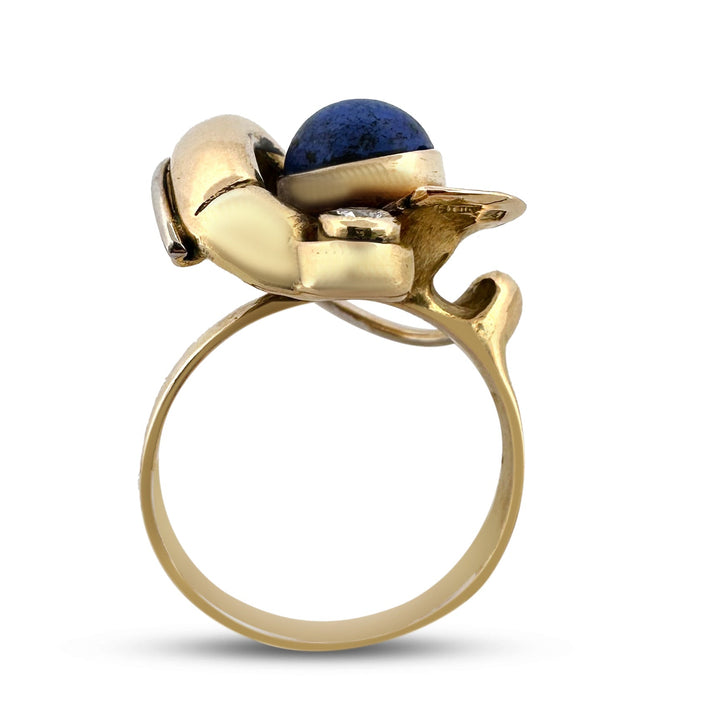Vintage Lapis Lazuli & Natural Diamond Cocktail Ring in 18k Yellow and White Gold