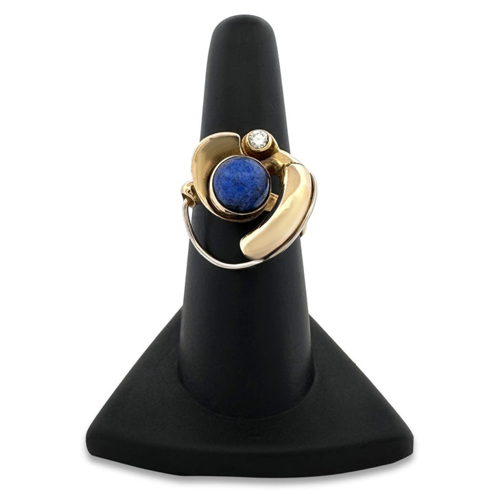 Vintage Lapis Lazuli & Natural Diamond Cocktail Ring in 18k Yellow and White Gold