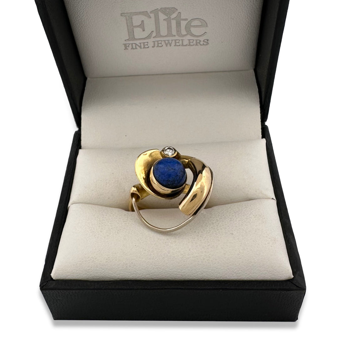 Vintage Lapis Lazuli & Natural Diamond Cocktail Ring in 18k Yellow and White Gold