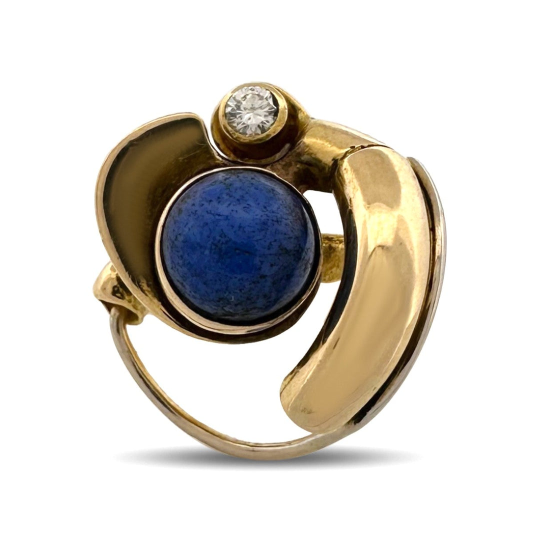 Vintage Lapis Lazuli & Natural Diamond Cocktail Ring in 18k Yellow and White Gold