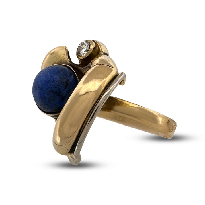 Vintage Lapis Lazuli & Natural Diamond Cocktail Ring in 18k Yellow and White Gold