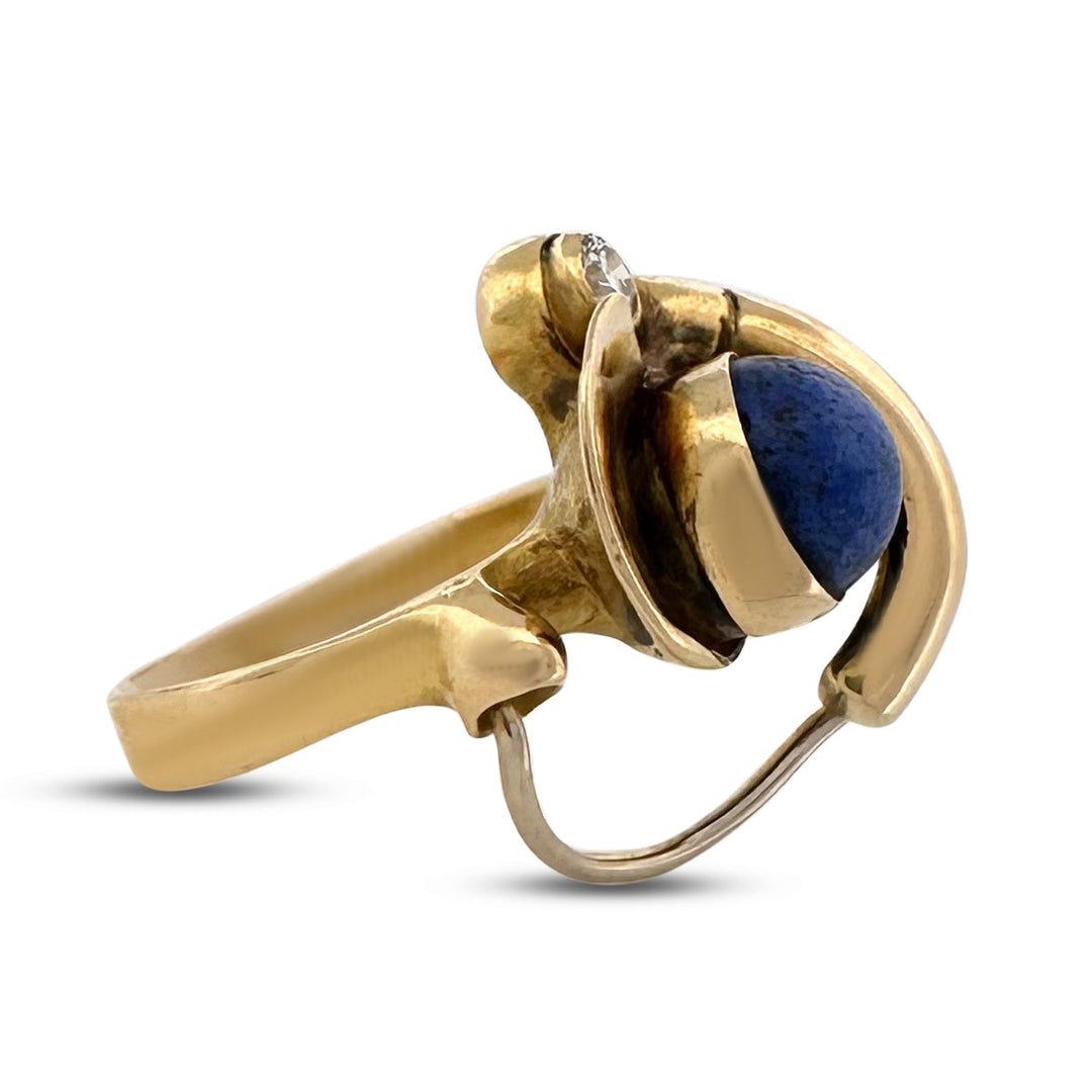 Vintage Lapis Lazuli & Natural Diamond Cocktail Ring in 18k Yellow and White Gold