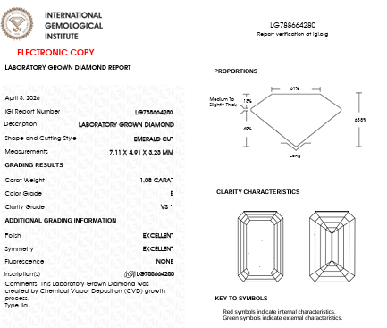 IGI Graded 1.08ct Emerald Cut Lab-Grown Diamond East-West Solitaire Pendant Necklace in 14k White Gold IGI  Lab Report