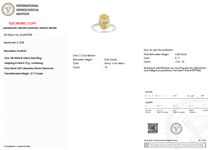 IGI La report for IGI Graded 5.06ct Fancy Yellow Oval Center with Round Brilliants Lab-Grown Diamond Engagement Ring in 14k Two-Tone Gold
