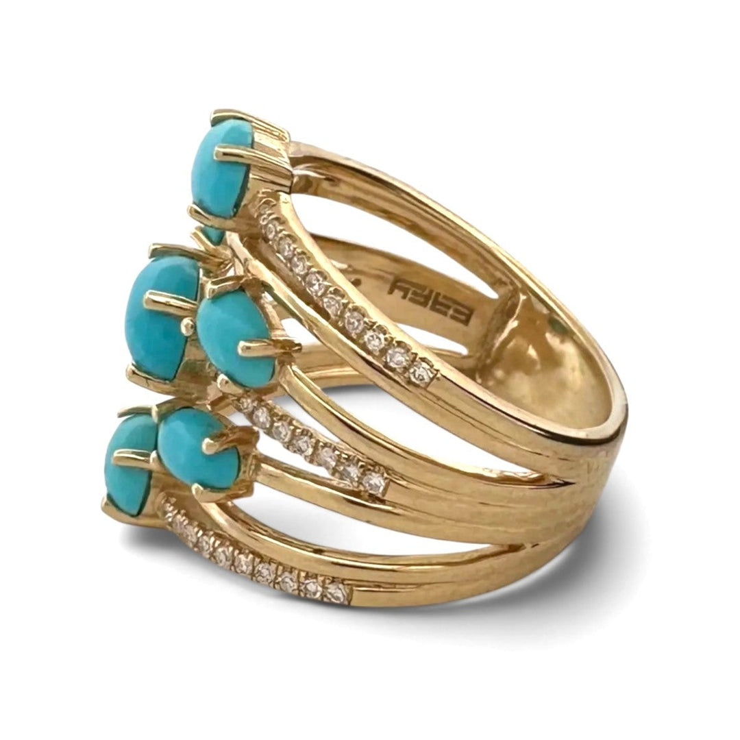 Oval Turquoise Cabochon & Round Brilliant Natural Diamond Cocktail Ring in 14k Yellow Gold by EFFY