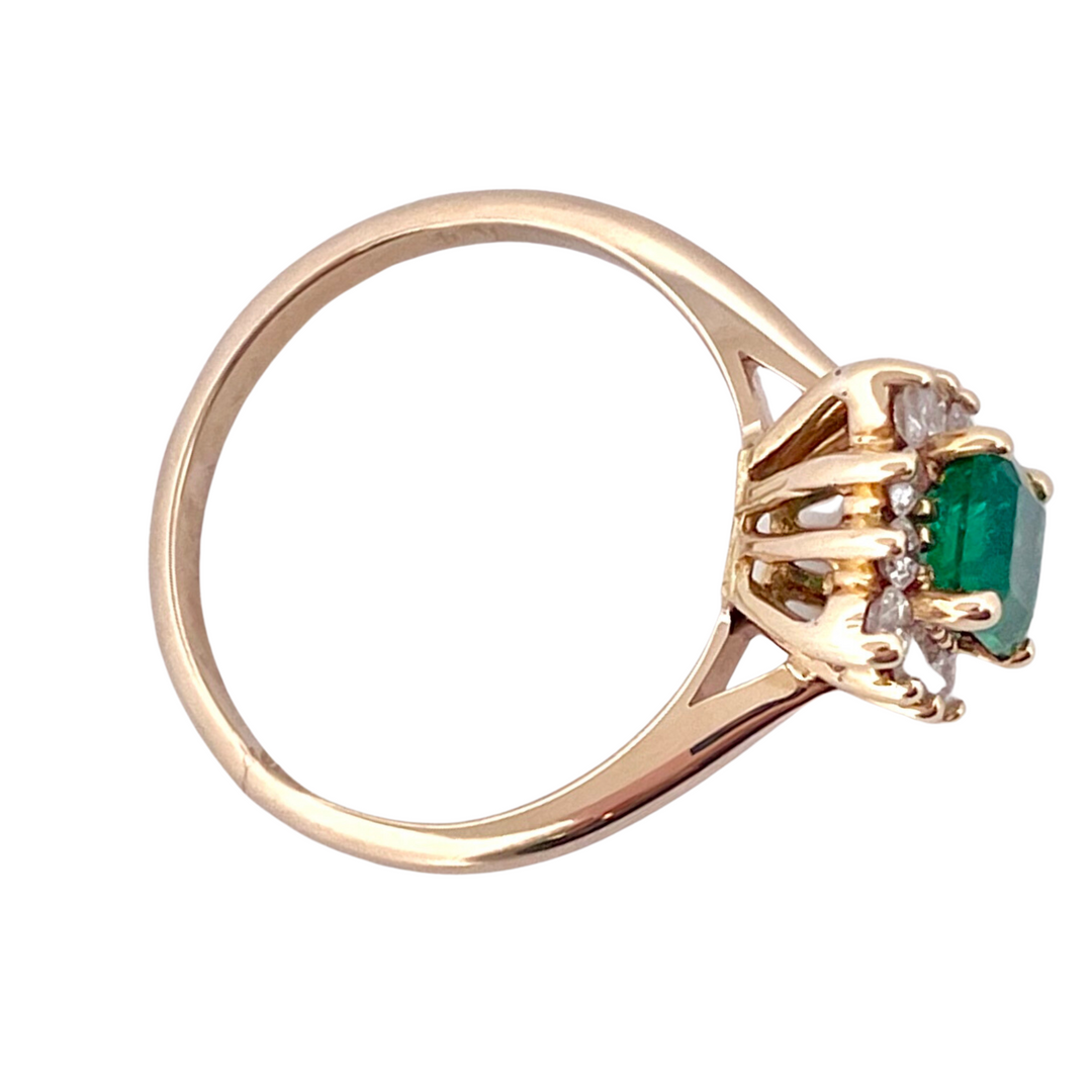Natural Emerald Gemstone and Diamond Halo 18k Yellow Gold Ring